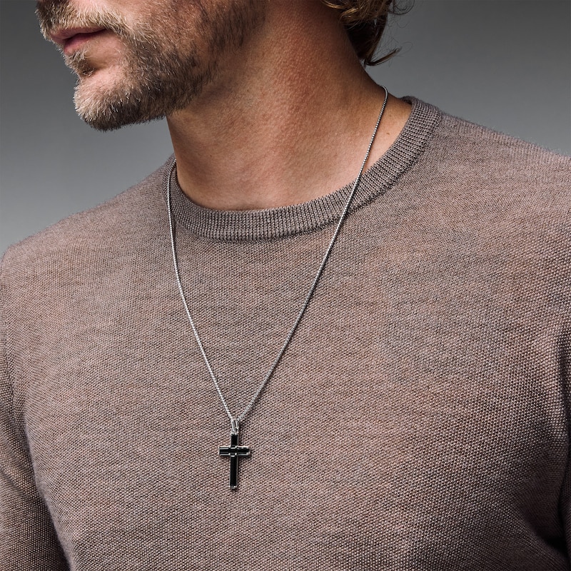 Main Image 2 of Asscher- and Baguette-Cut Black Onyx Cross Pendant in Sterling Silver - 24”