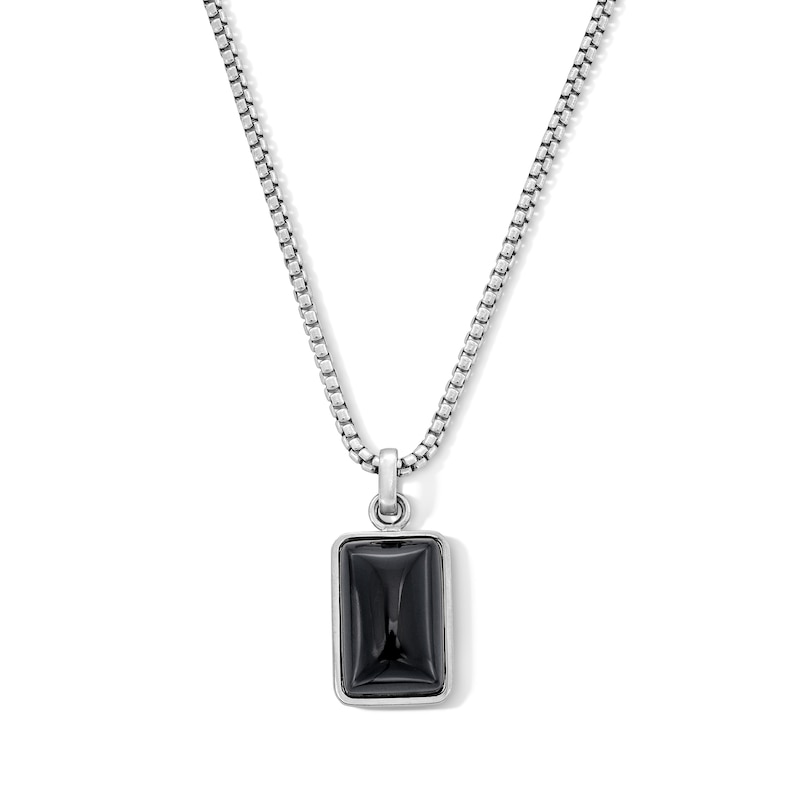 Main Image 1 of Emerald-Shaped Black Agate Pendant in Sterling Silver - 24”