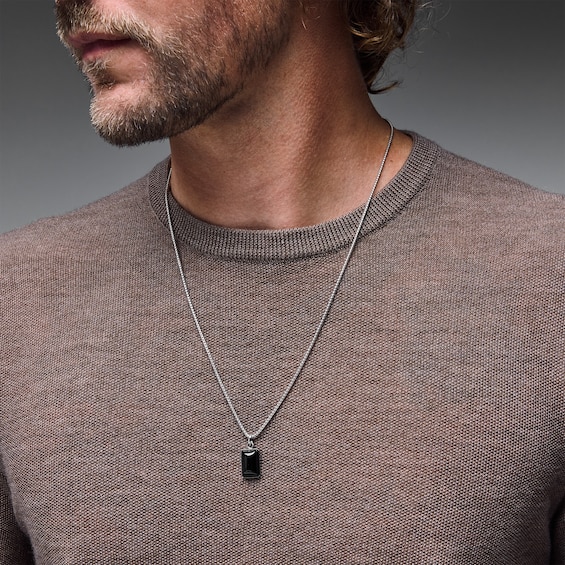 Emerald-Shaped Black Agate Pendant in Sterling Silver - 24”