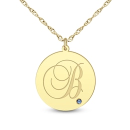 Script Initial with Birthstone Disc Pendant (1 Name and Stone)