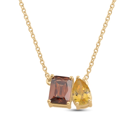Emerald-Cut and Pear-Shaped Birthstone Toi et Moi Couples Necklace (2 Stones)