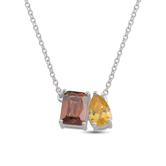 Emerald-Cut and Pear-Shaped Birthstone Toi et Moi Couples Necklace (2 Stones)