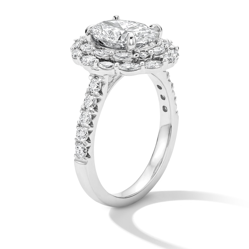 Main Image 5 of 3 CT. T.W. Oval Certified Lab-Grown Diamond Double-Frame Engagement Ring in 14K White Gold (F/VS2)