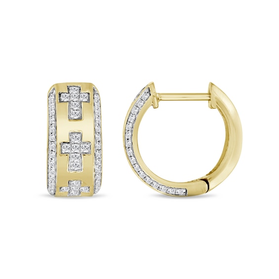 1/3 CT. T.w. Diamond Cross Huggie Hoop Earrings in 10K Gold