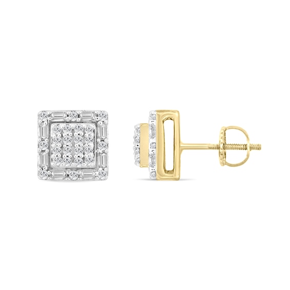 1/4 CT. T.w. Baguette-Cut and Round Diamond Stud Earrings in 10K Gold