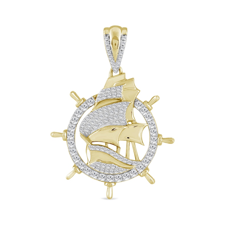 Main Image 1 of 1/2 CT. T.W. Diamond Sailing Ship and Wheel Necklace Charm in 10K Gold