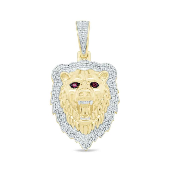 1/3 CT. T.w. Diamond and Lab-Created Ruby Growling Bear Necklace Charm in 10K Gold