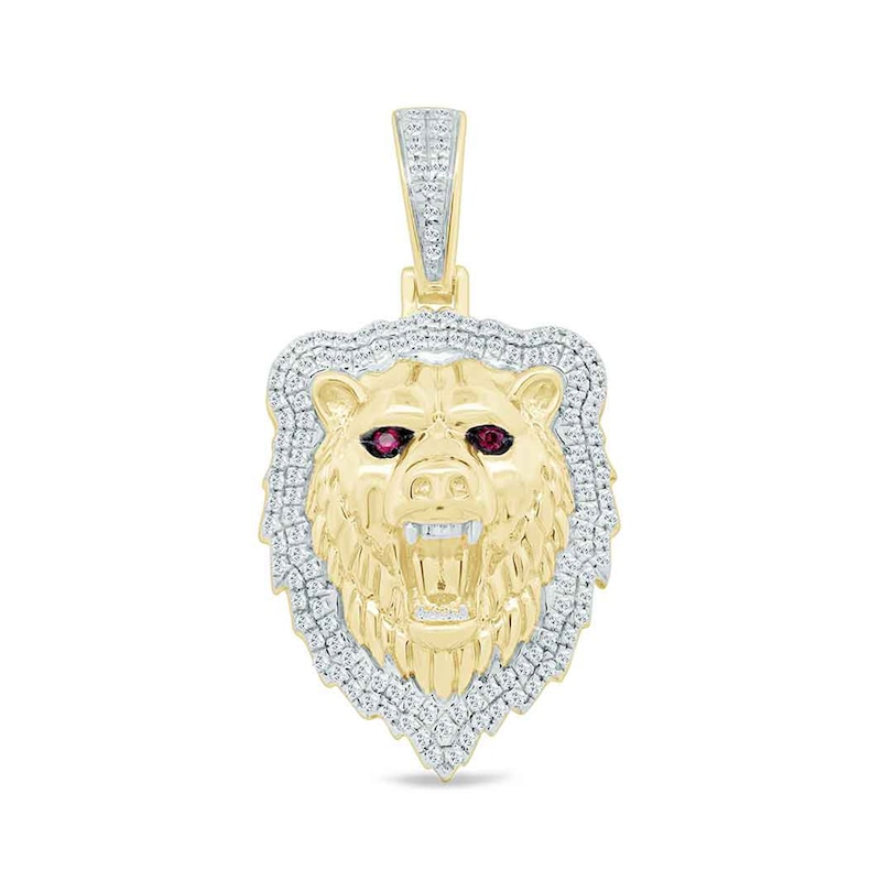 Main Image 1 of 1/3 CT. T.W. Diamond and Lab-Created Ruby Growling Bear Necklace Charm in 10K Gold