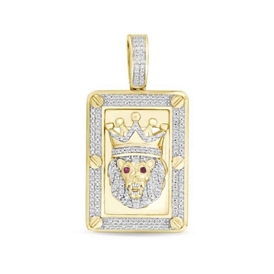 1/5 CT. T.w. Diamond and Lab-Created Ruby Lion Rectangular Necklace Charm in 10K Gold