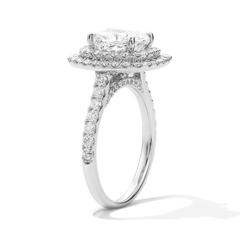 Main Image 4 of 3 CT. T.W. Cushion-Cut Certified Lab-Grown Diamond Double-Frame Engagement Ring in 14K White Gold (F/VS2)