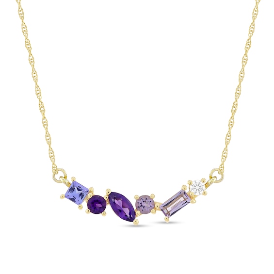 Tanzanite, Amethyst and White Lab-Created Sapphire Scatter Necklace in 10K Gold