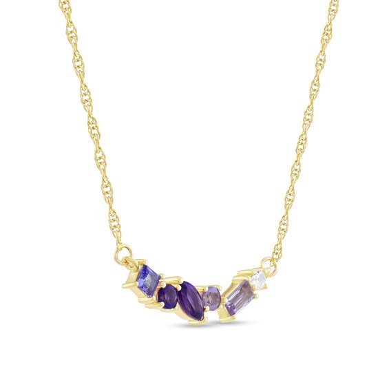Tanzanite, Amethyst and White Lab-Created Sapphire Scatter Necklace in 10K Gold