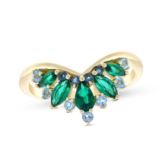 Lab-Created Emerald and Blue Topaz Enhancer Ring in 10K Gold