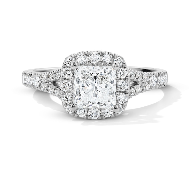 Main Image 1 of 1-1/2 CT. T.W. Princess-Cut Certified Lab-Grown Diamond Frame Engagement Ring in 14K White Gold (F/VS2)