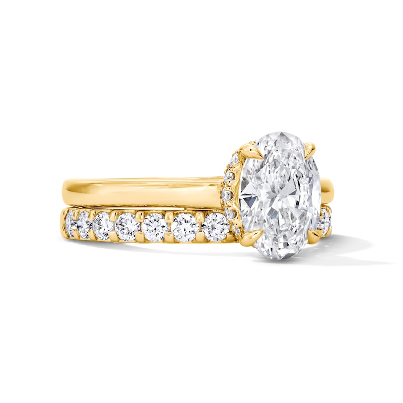 Main Image 4 of 2 CT. T.W. Oval Certified Lab-Grown Diamond Hidden Frame Bridal Set in 14K Gold (F/VS2)