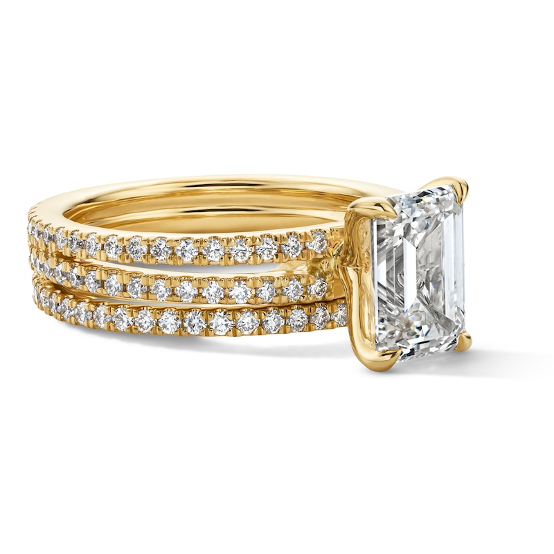 Main Image 4 of 3 CT. T.W. Emerald-Cut Certified Lab-Grown Diamond Bridal Set in 14K Gold (F/VS2)