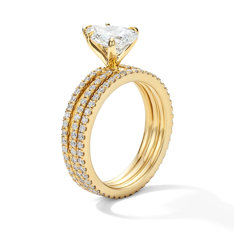 Main Image 5 of 3 CT. T.W. Pear-Shaped Certified Lab-Grown Diamond Bridal Set in 14K Gold (F/VS2)