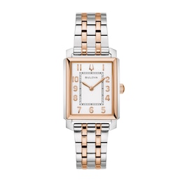 Ladies’ Bulova Two-Tone IP Stainless Steel Analog Watch with White Dial (Model: 98L328)