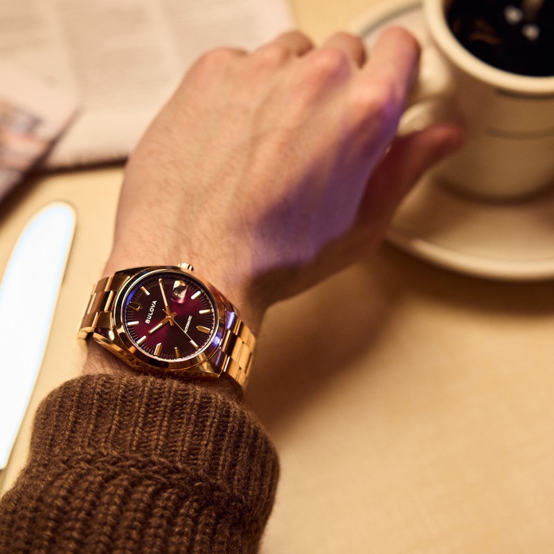 Main Image 5 of Men’s Bulova Rose-Tone IP Automatic Watch with Purple Dial (Model: 97B234)