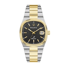 Men’s Bulova Super Seville Two-Tone Analog Watch with Black Cushion Dial (Model: 98B458)