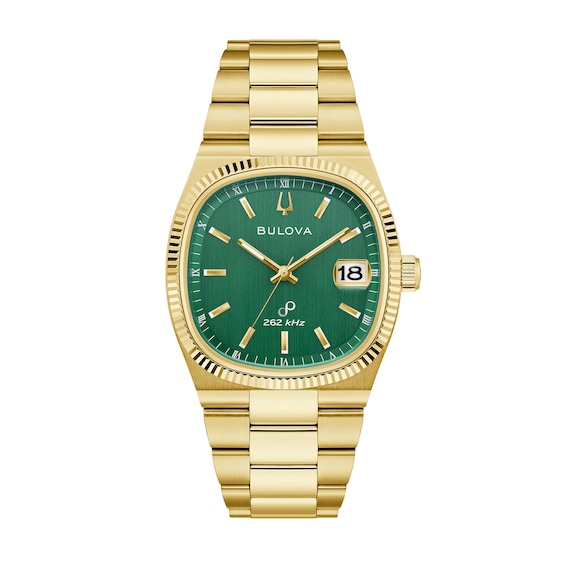 Menâs Bulova Gold-Tone IP Analog Watch with Green Dial (Model: 97B237)