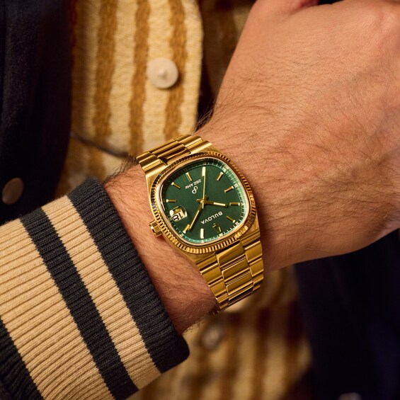 Menâs Bulova Gold-Tone IP Analog Watch with Green Dial (Model: 97B237)