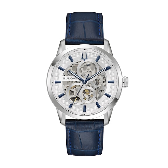 Menâs Bulova Dress Classic Sutton Automatic Watch with Silver-Tone Dial and Blue Leather Strap (Model: 96A330)