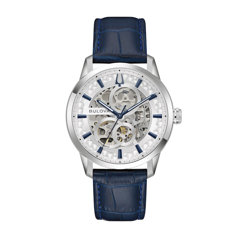 Main Image 1 of Men’s Bulova Dress Classic Sutton Automatic Watch with Silver-Tone Dial and Blue Leather Strap (Model: 96A330)