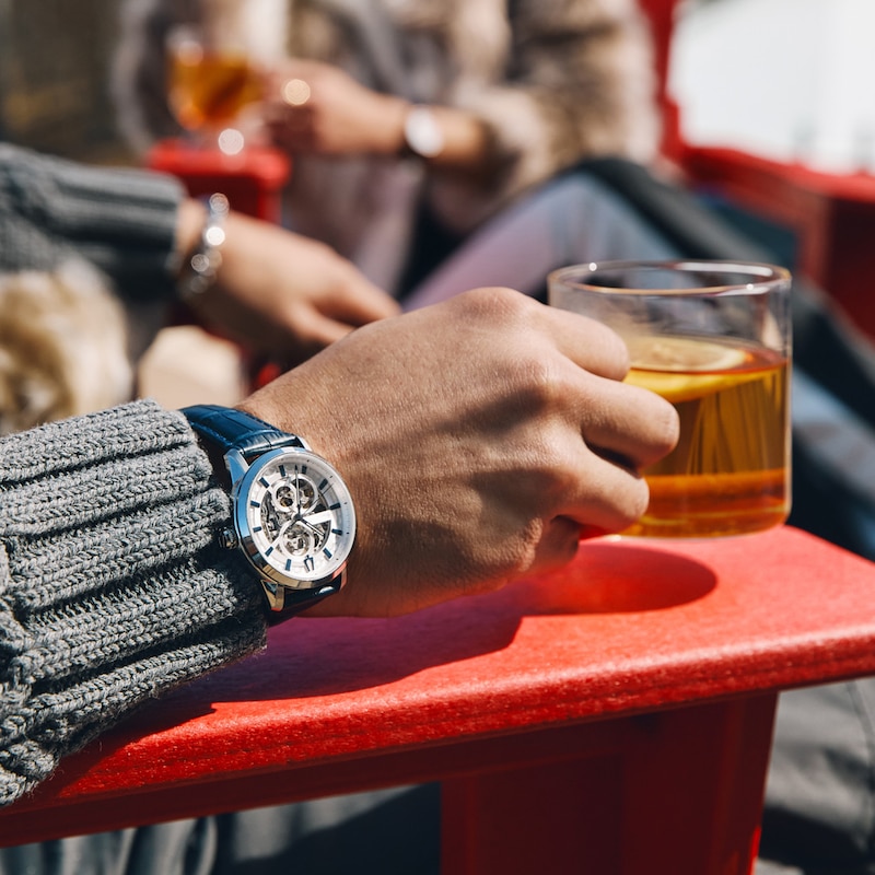 Main Image 5 of Men’s Bulova Dress Classic Sutton Automatic Watch with Silver-Tone Dial and Blue Leather Strap (Model: 96A330)