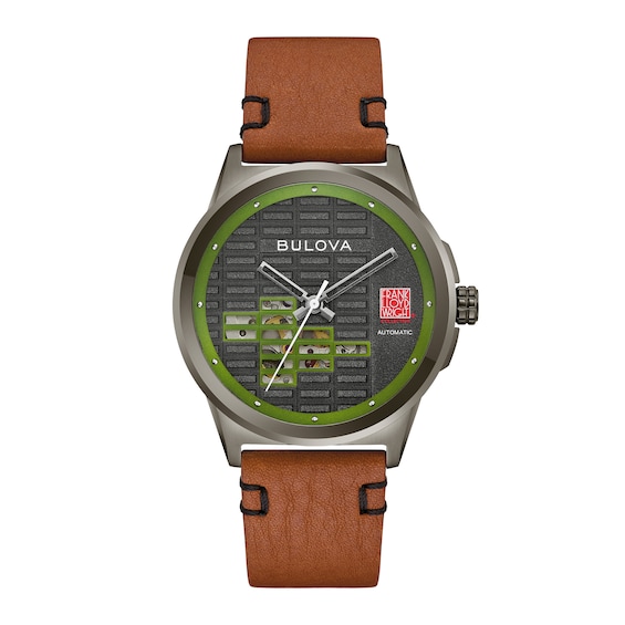 Menâs Bulova Gray IP Frank Lloyd Wright Automatic Watch with Black Dial and Brown Leather Strap (Model: 98A330)