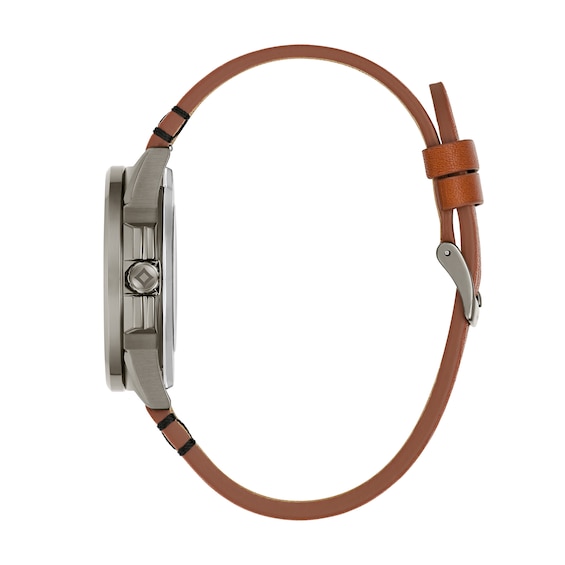 Menâs Bulova Gray IP Frank Lloyd Wright Automatic Watch with Black Dial and Brown Leather Strap (Model: 98A330)