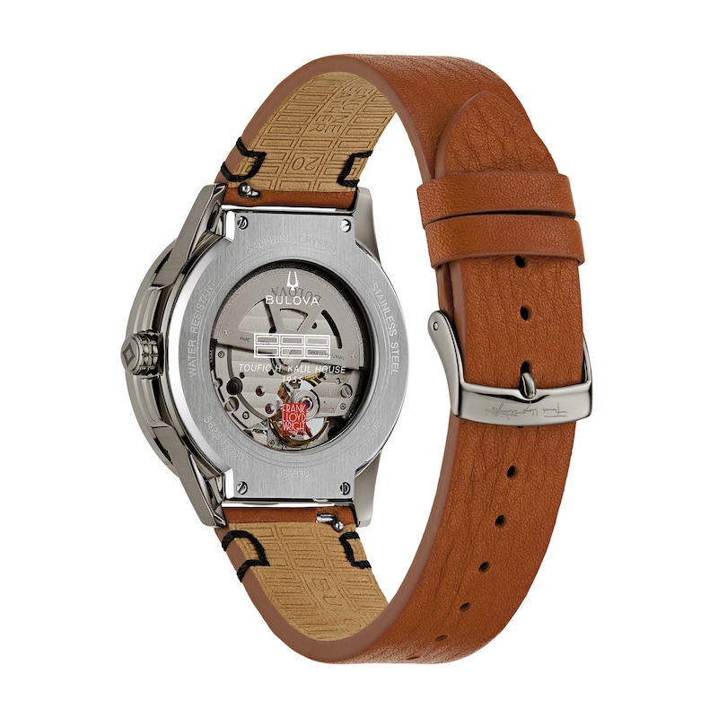 Main Image 3 of Men’s Bulova Gray IP Frank Lloyd Wright Automatic Watch with Black Dial and Brown Leather Strap (Model: 98A330)