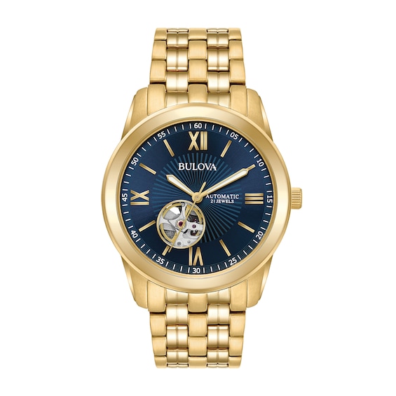 Menâs Bulova Classic Gold-Tone IP Automatic Chronograph Watch with Blue Dial (Model: 97A131)