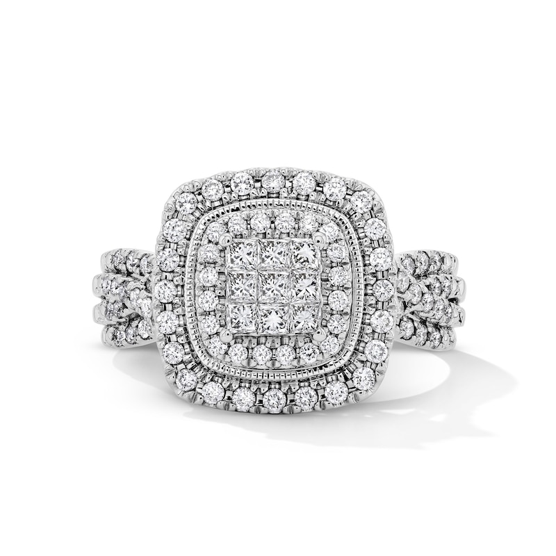 Main Image 1 of 3/4 CT. T.W. Princess-Cut Multi-Diamond Double Cushion Frame Engagement Ring in 10K White Gold