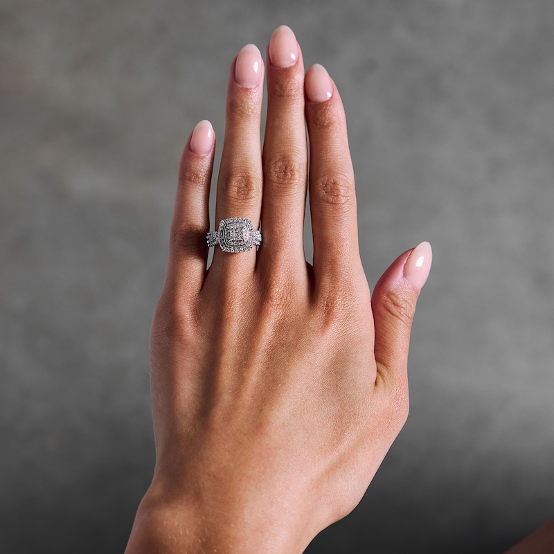 Main Image 2 of 3/4 CT. T.W. Princess-Cut Multi-Diamond Double Cushion Frame Engagement Ring in 10K White Gold