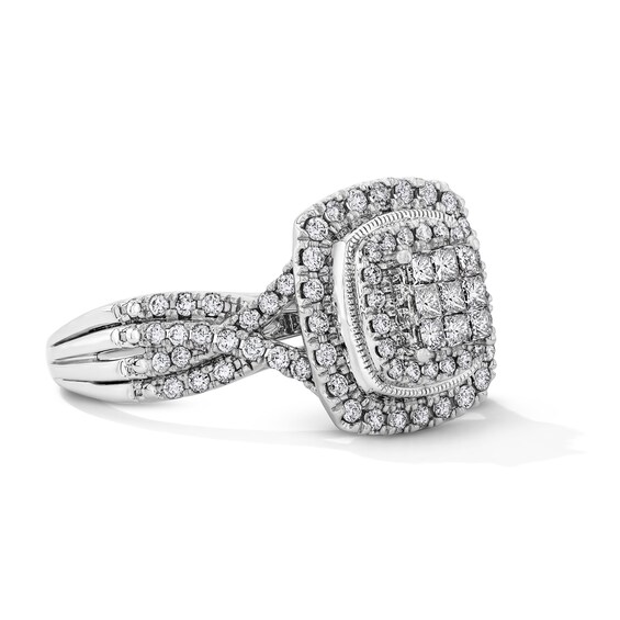 3/4 CT. T.w. Princess-Cut Multi-Diamond Double Cushion Frame Engagement Ring in 10K White Gold