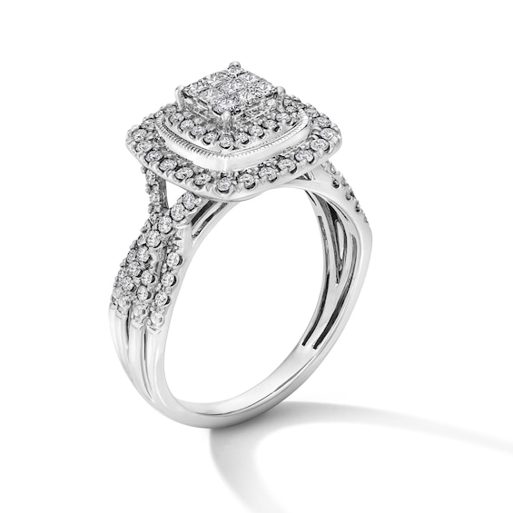 3/4 CT. T.w. Princess-Cut Multi-Diamond Double Cushion Frame Engagement Ring in 10K White Gold