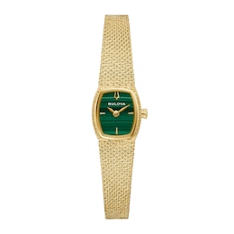 Ladies’ Bulova Classic Goddess of Time Gold-Tone IP Analog Watch with Green Malachite Dial (Model: 97L184)
