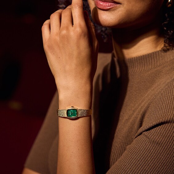 Ladiesâ Bulova Classic Goddess of Time Gold-Tone IP Analog Watch with Green Malachite Dial (Model: 97L184)