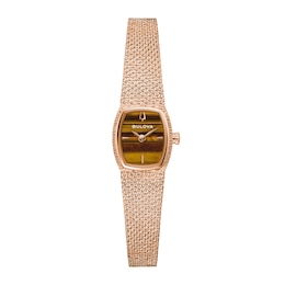 Ladies’ Bulova Classic Goddess of Time Rose-Tone IP Analog Watch with Brown Tiger’s Eye Dial (Model: 97L185)