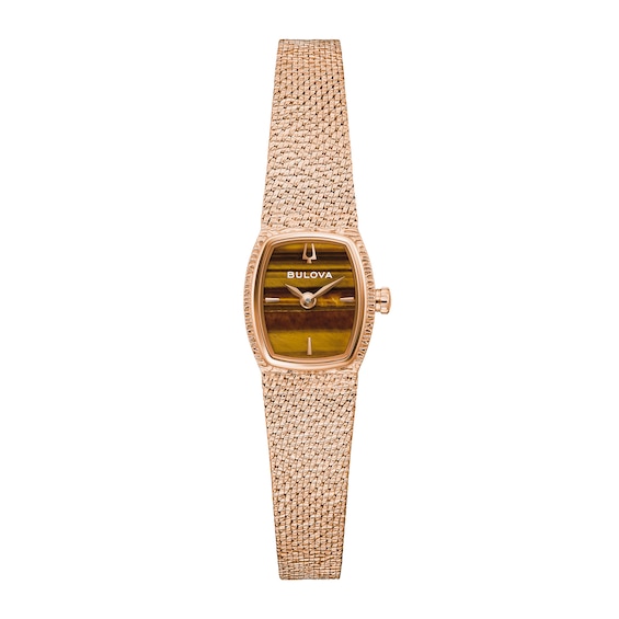 Ladiesâ Bulova Classic Goddess of Time Rose-Tone IP Analog Watch with Brown Tigerâs Eye Dial (Model: 97L185)