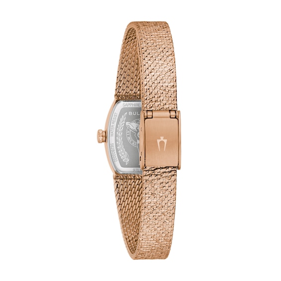 Ladiesâ Bulova Classic Goddess of Time Rose-Tone IP Analog Watch with Brown Tigerâs Eye Dial (Model: 97L185)