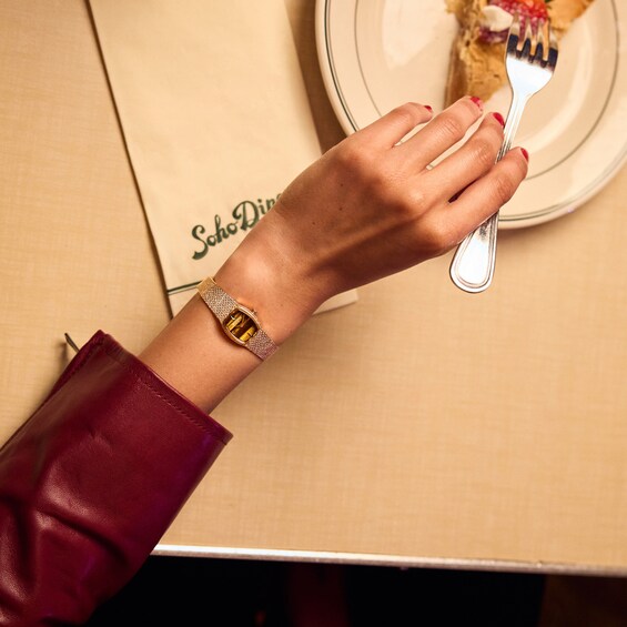 Ladiesâ Bulova Classic Goddess of Time Rose-Tone IP Analog Watch with Brown Tigerâs Eye Dial (Model: 97L185)