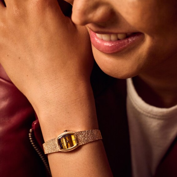 Ladiesâ Bulova Classic Goddess of Time Rose-Tone IP Analog Watch with Brown Tigerâs Eye Dial (Model: 97L185)