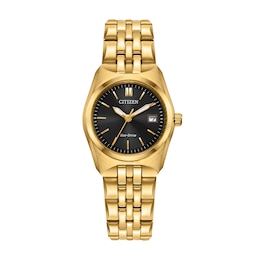 Ladies’ Citizen Eco-Drive® Corso Gold-Tone IP Analog Watch with Black Dial (Model: EW2293-56E)