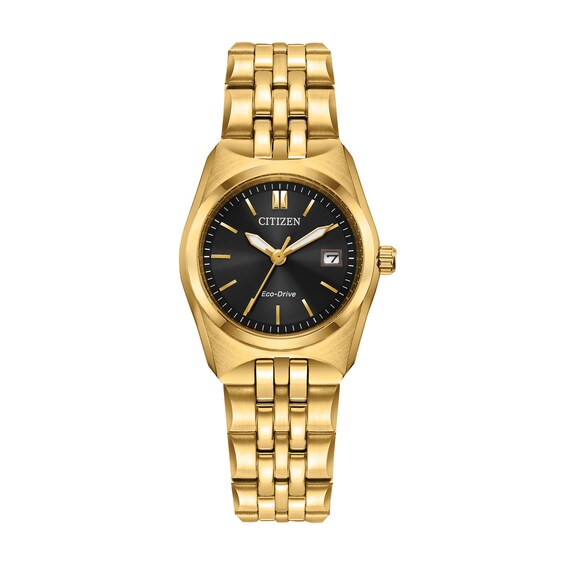 Ladiesâ Citizen Eco-DriveÂ® Corso Gold-Tone IP Analog Watch with Black Dial (Model: Ew2293-56E)