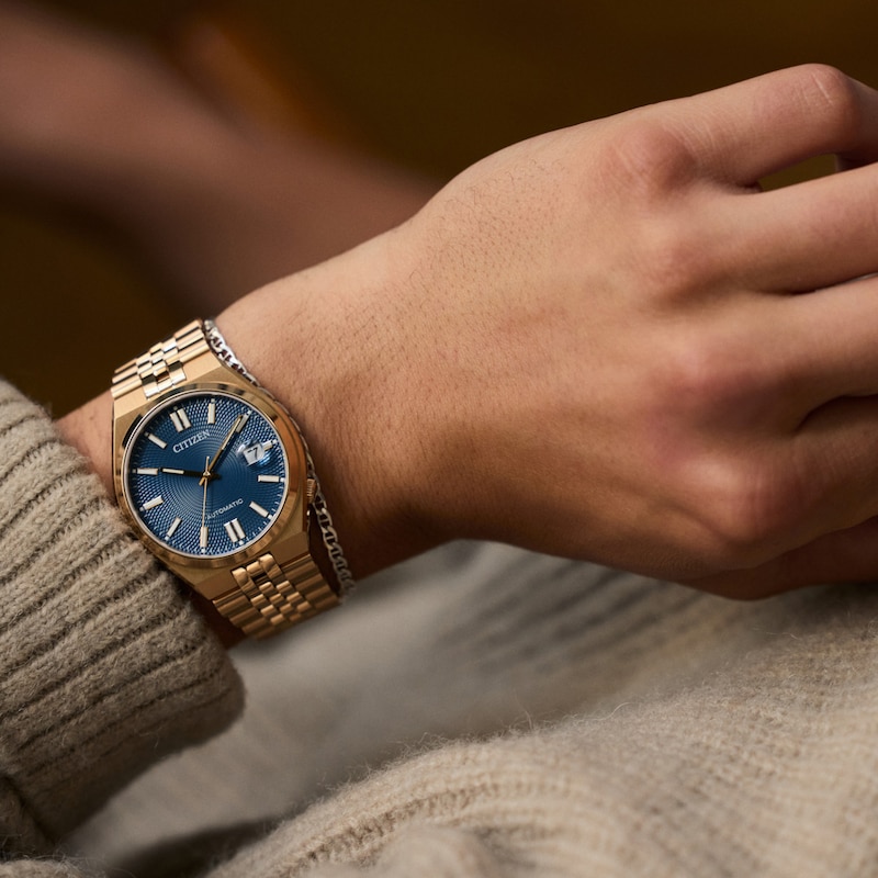 Main Image 3 of Men’s Citizen® Tsuyosa Rose-Tone IP Automatic Watch with Blue Dial (Model: NK0023-57L)