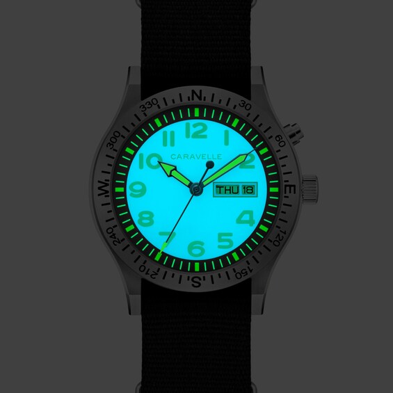 Men’s Caravelle by Bulova Traditional Lite Up Analog Watch with Black Dial and Compass Bezel (Model: 43C125)