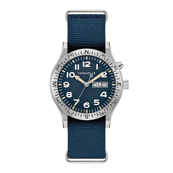 Menâs Caravelle by Bulova Traditional Lite Up Analog Watch with Blue Dial and Compass Bezel (Model: 43C126)