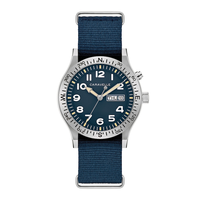 Main Image 1 of Men’s Caravelle by Bulova Traditional Lite Up Analog Watch with Blue Dial and Compass Bezel (Model: 43C126)